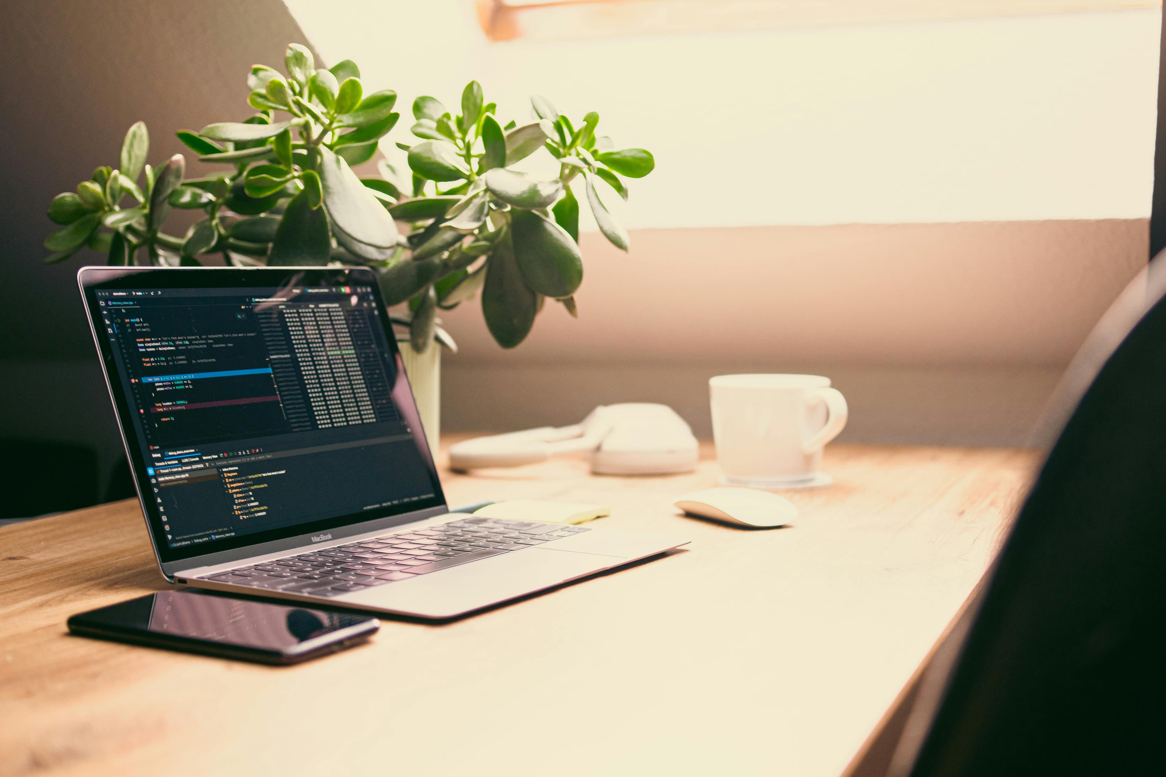 A laptop on a wooden desk beside a coffee mug and plant.